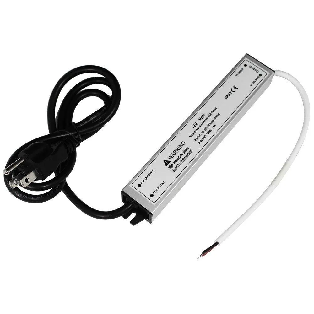 110VAC to 12VDC 2.5Amp 30W Waterproof IP67 LED Power Supply Outdoor Use w/ US 3.3FT 3-Prong Plug