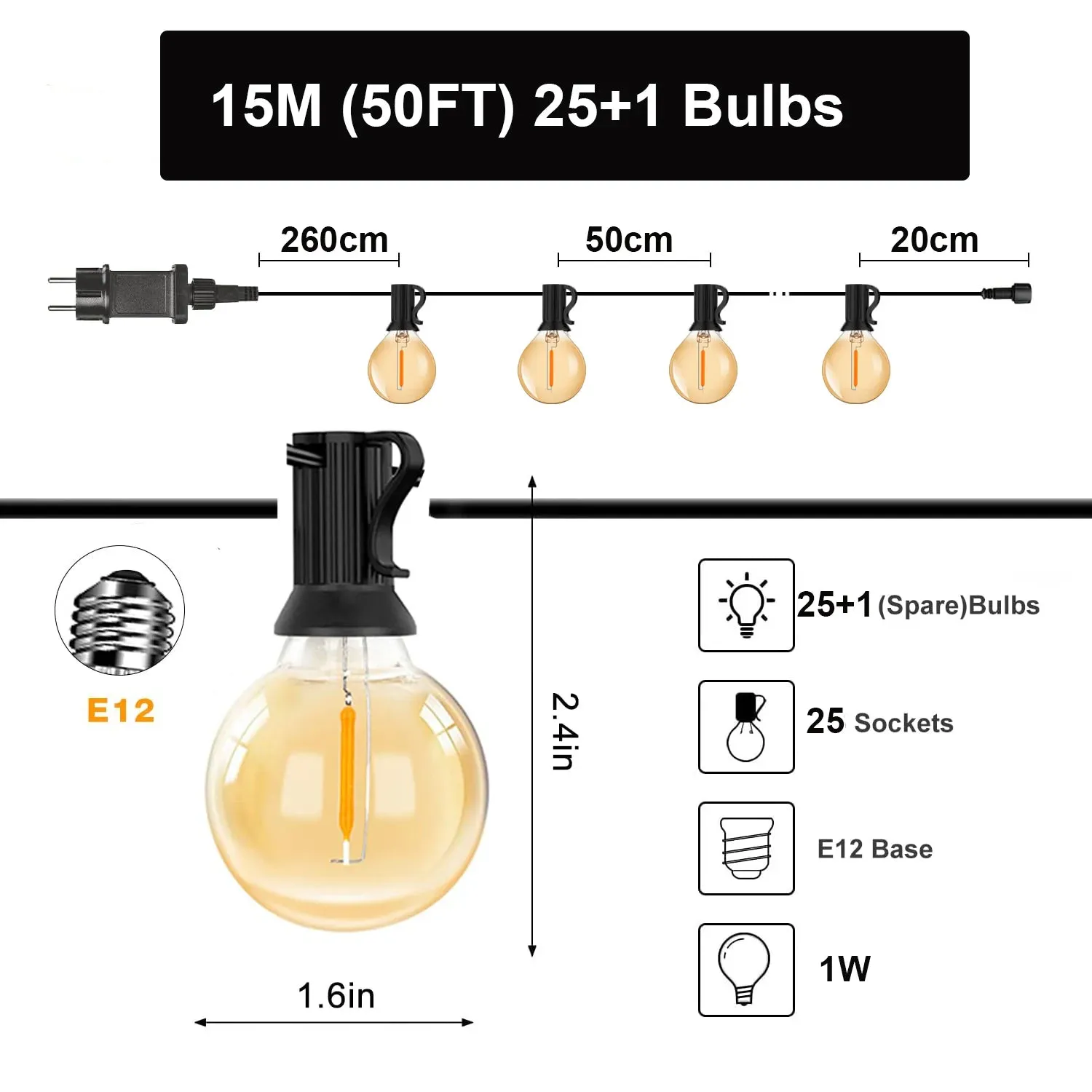 36m G40 LED Outdoor String Lights with 64 Bulbs
