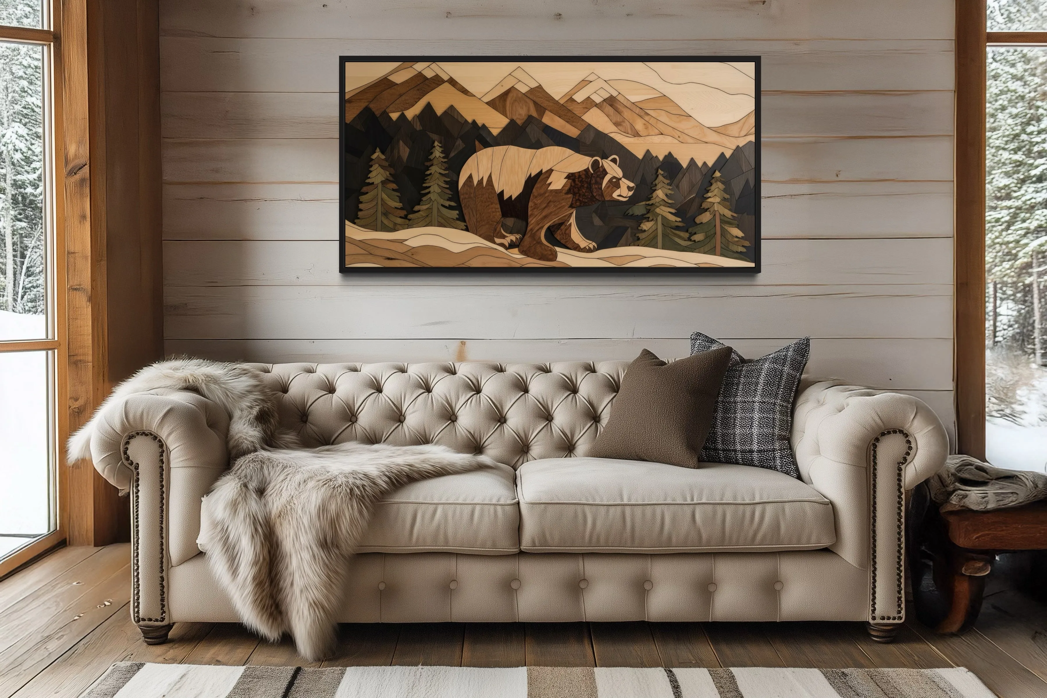 Bear in Mountains Wood Panel Effect Cabin Decor Framed Canvas Wall Art