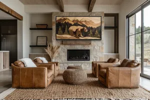 Bear in Mountains Wood Panel Effect Cabin Decor Framed Canvas Wall Art