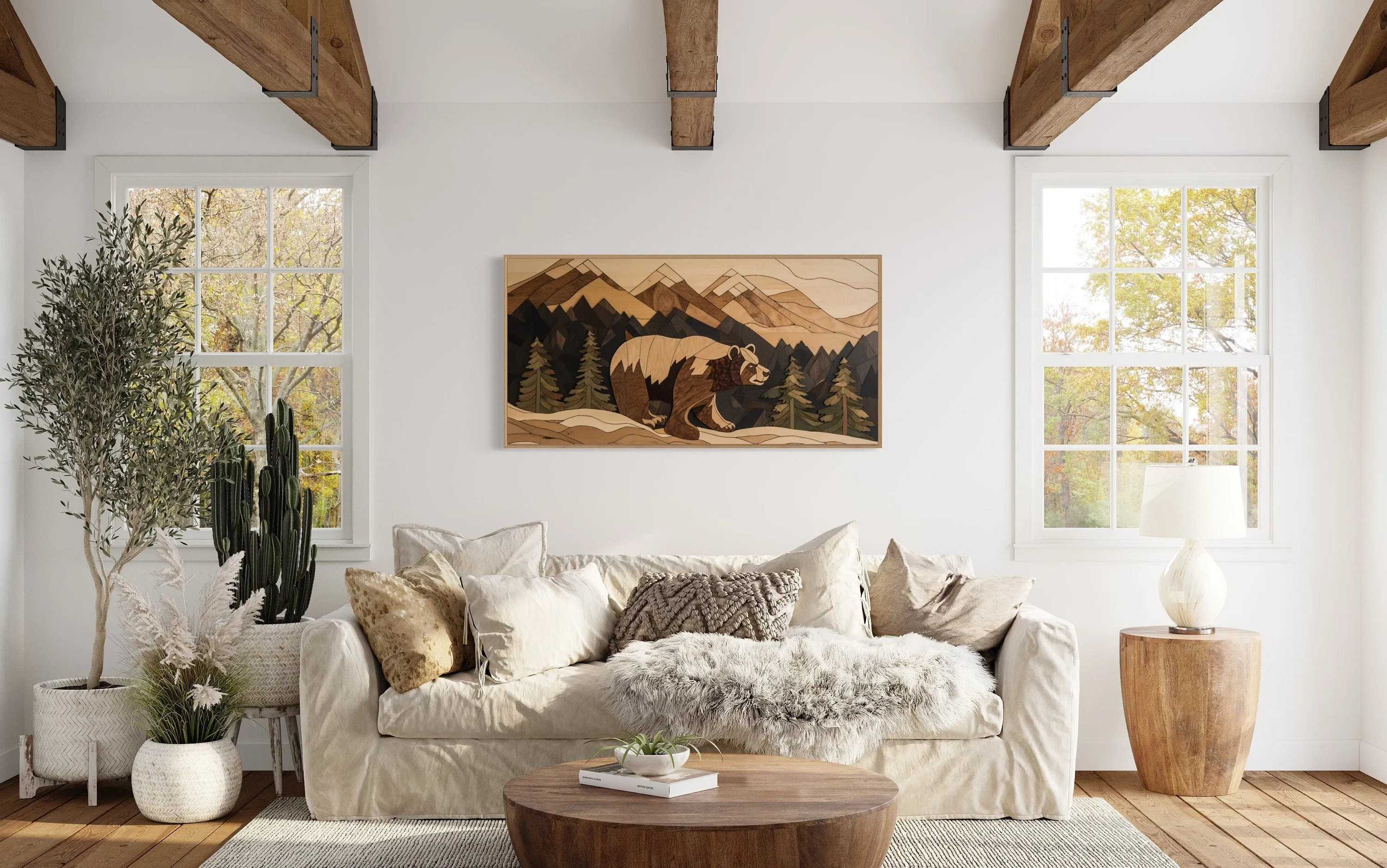 Bear in Mountains Wood Panel Effect Cabin Decor Framed Canvas Wall Art