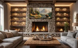 Bear Near Mountain Cabin By The Lake Framed Canvas Wall Art