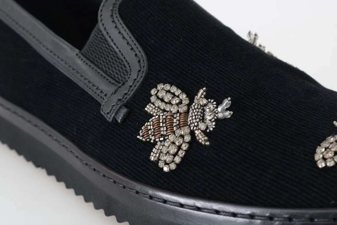 Black Crystal Bee Leather Loafers