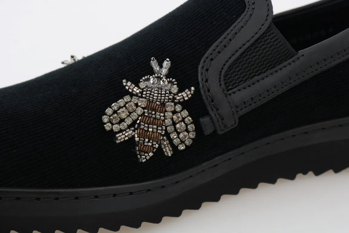 Black Crystal Bee Leather Loafers