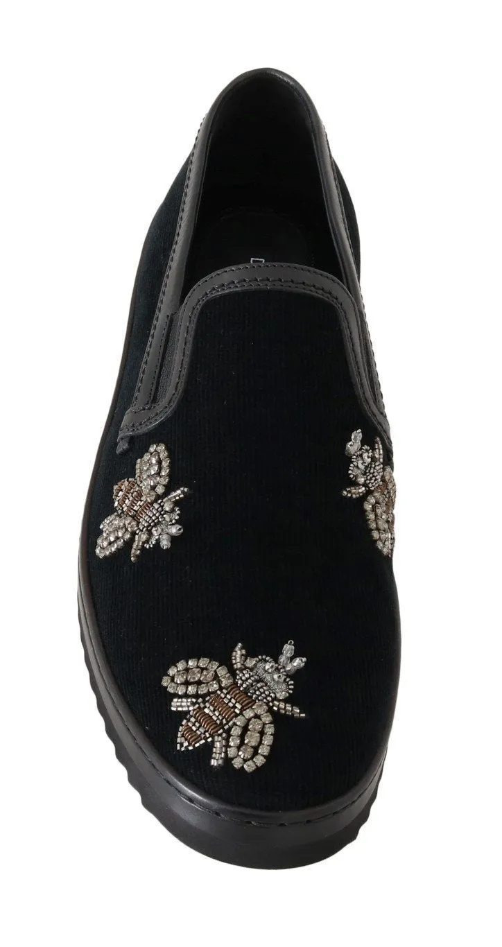 Black Crystal Bee Leather Loafers