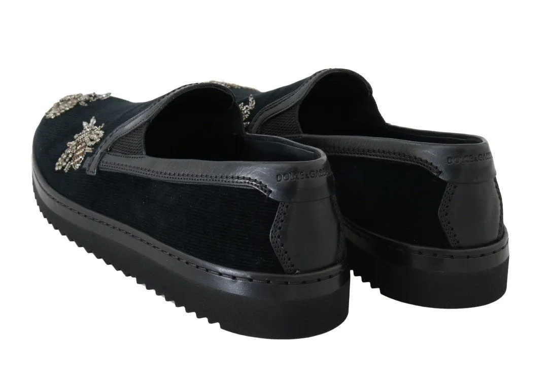 Black Crystal Bee Leather Loafers