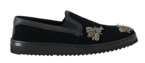 Black Crystal Bee Leather Loafers