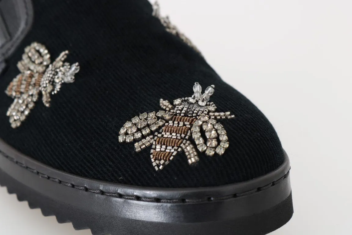 Black Crystal Bee Leather Loafers
