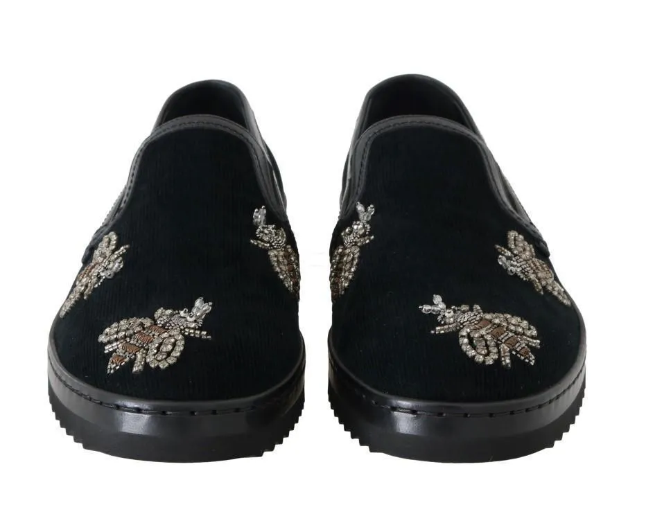 Black Crystal Bee Leather Loafers
