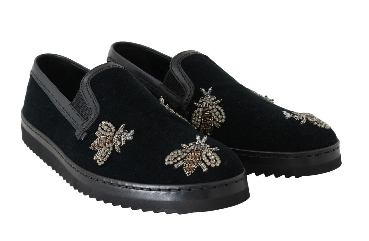Black Crystal Bee Leather Loafers