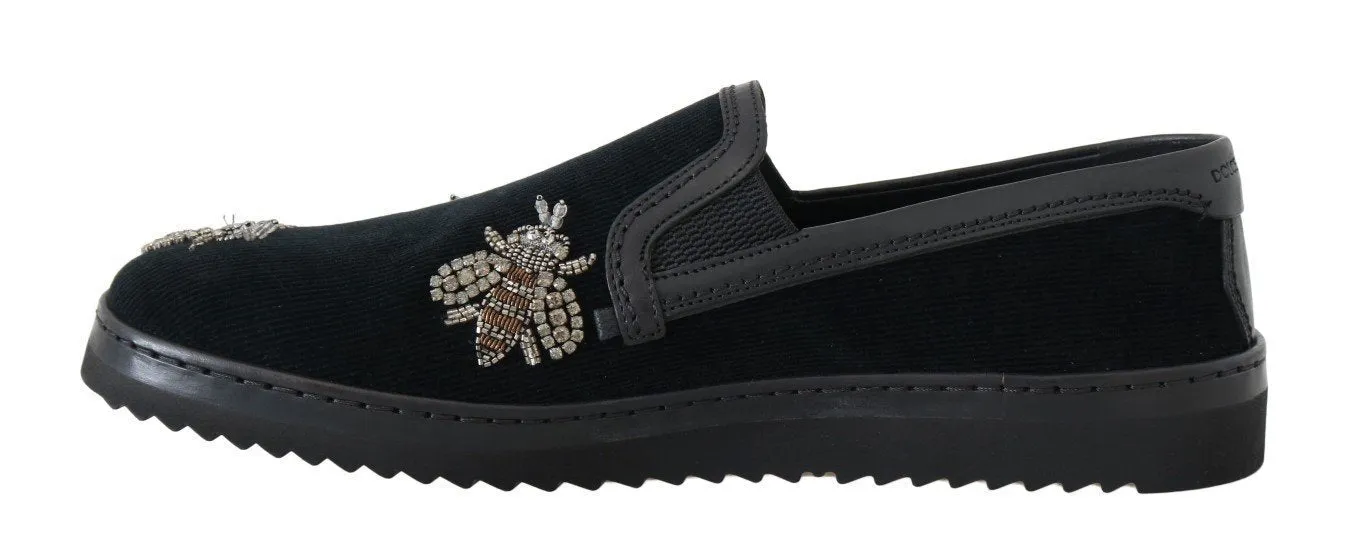 Black Crystal Bee Leather Loafers