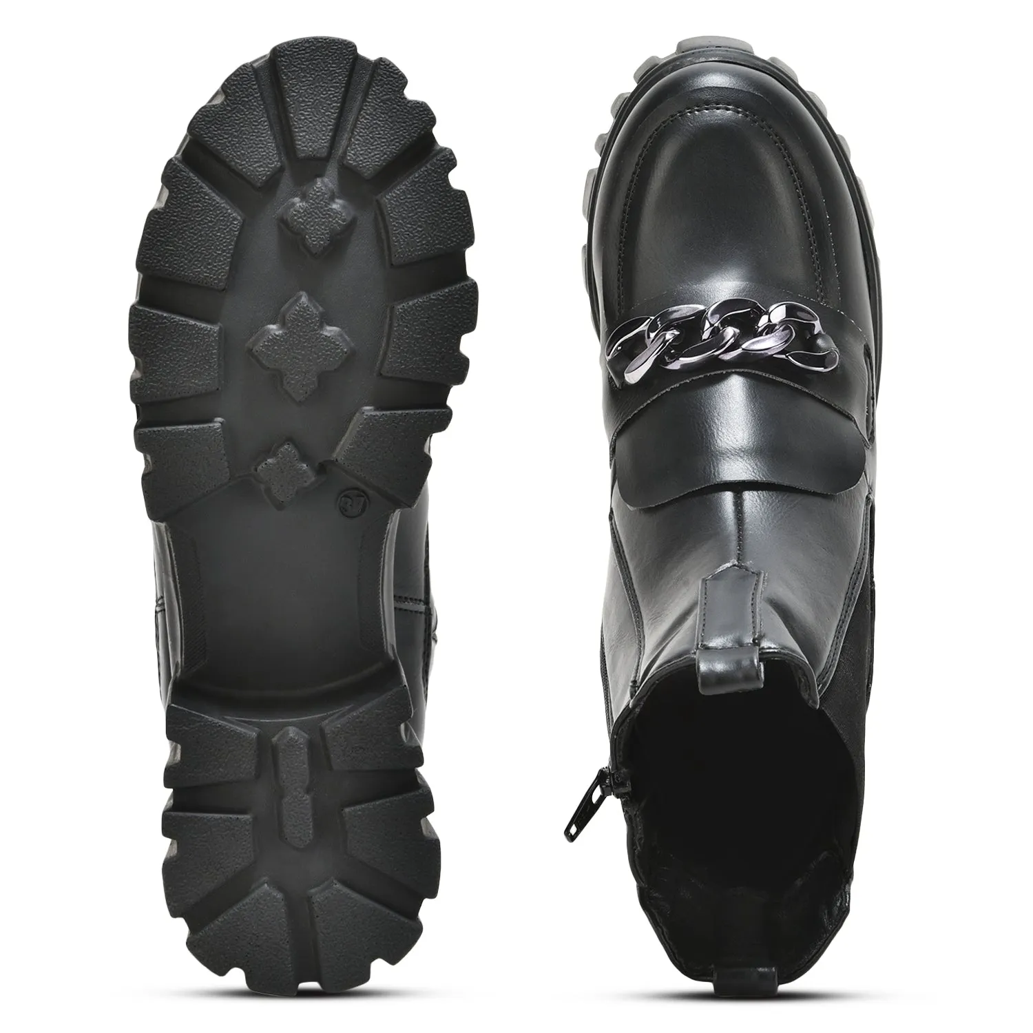 Black Handcrafted Side Zipper & Elastic Boots