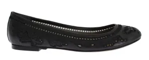 Black Leather Ricamo Ballerina Flat Shoes