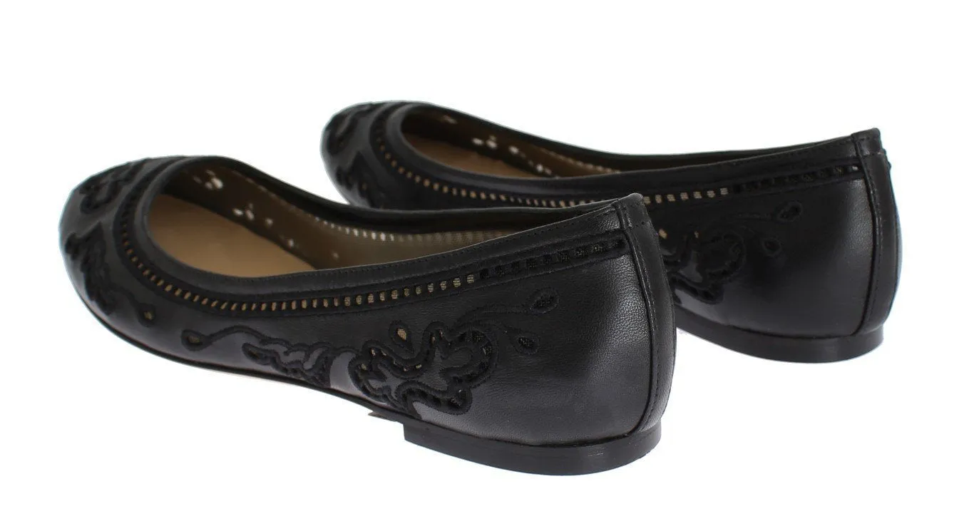 Black Leather Ricamo Ballerina Flat Shoes