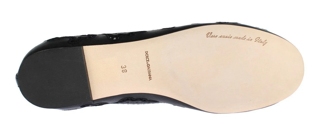 Black Leather Ricamo Ballerina Flat Shoes