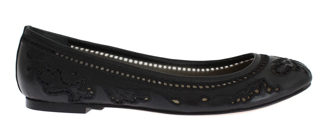 Black Leather Ricamo Ballerina Flat Shoes
