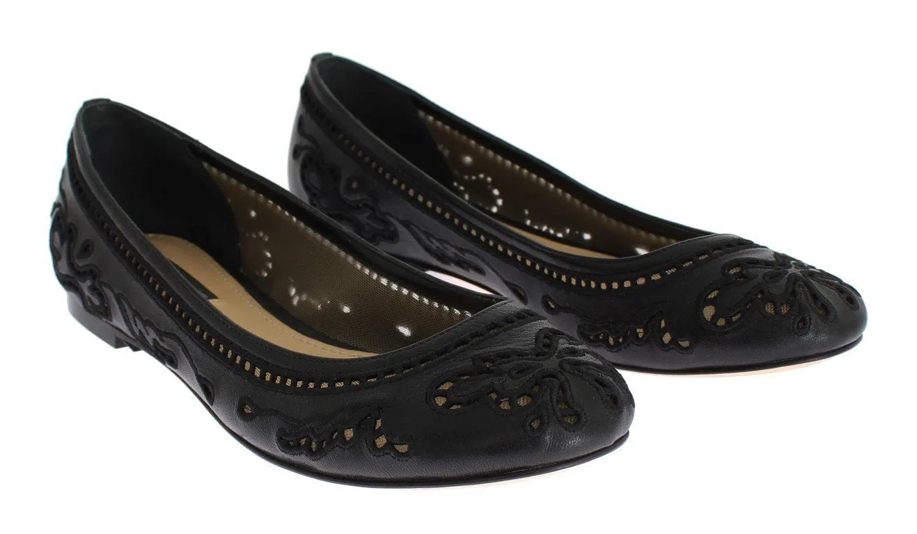 Black Leather Ricamo Ballerina Flat Shoes