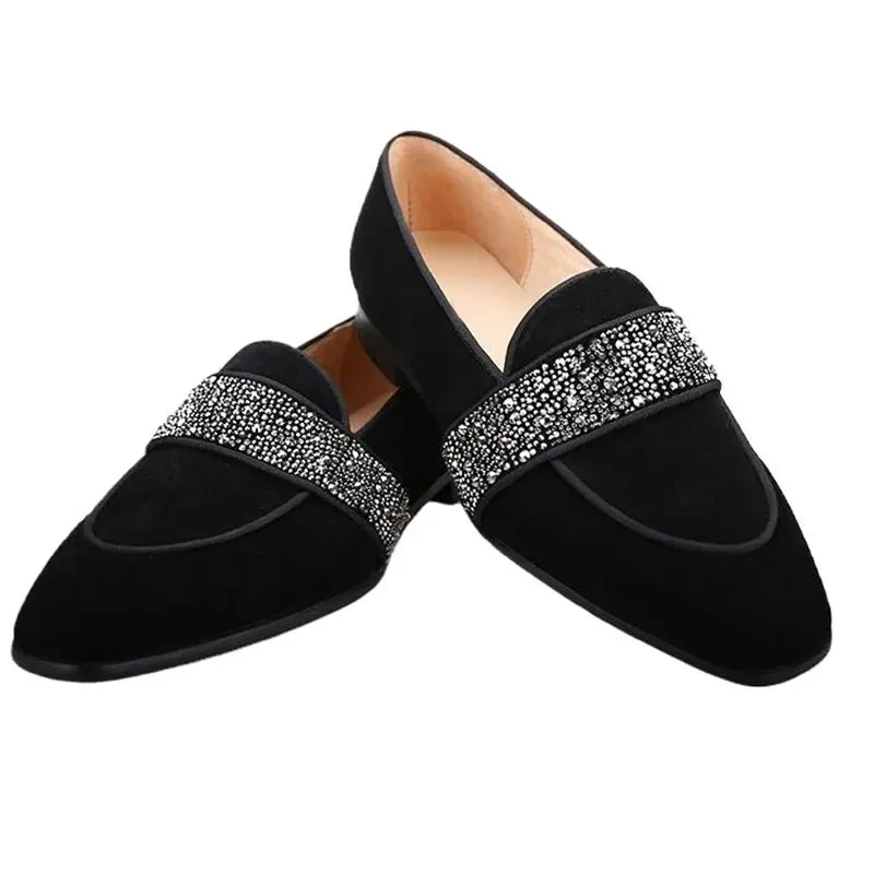 Black Men Velvet Loafers Luxury Rhinestone Shoes Handmade Slip On Dress Shoes