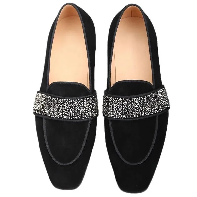 Black Men Velvet Loafers Luxury Rhinestone Shoes Handmade Slip On Dress Shoes