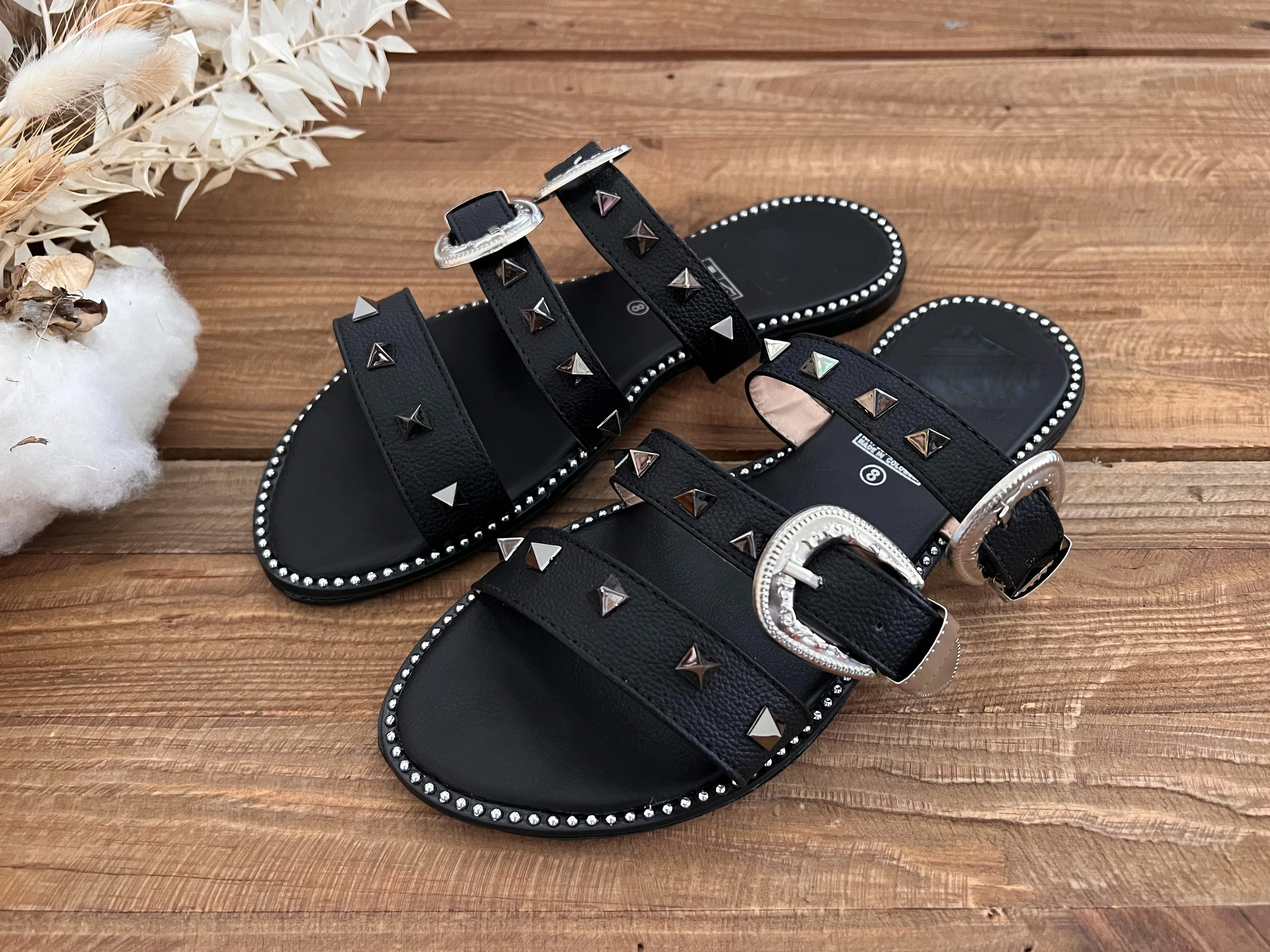Black Studded Slides