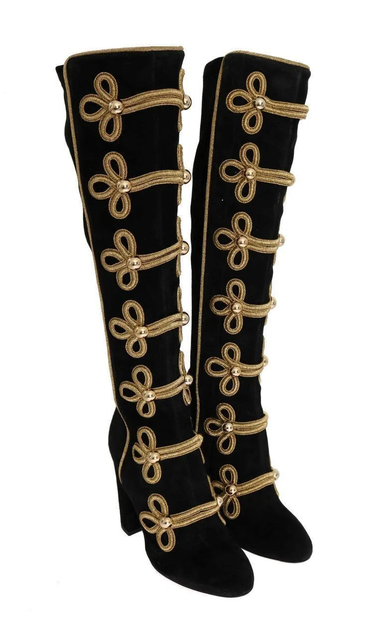 Black Suede Stretch Gold Boots