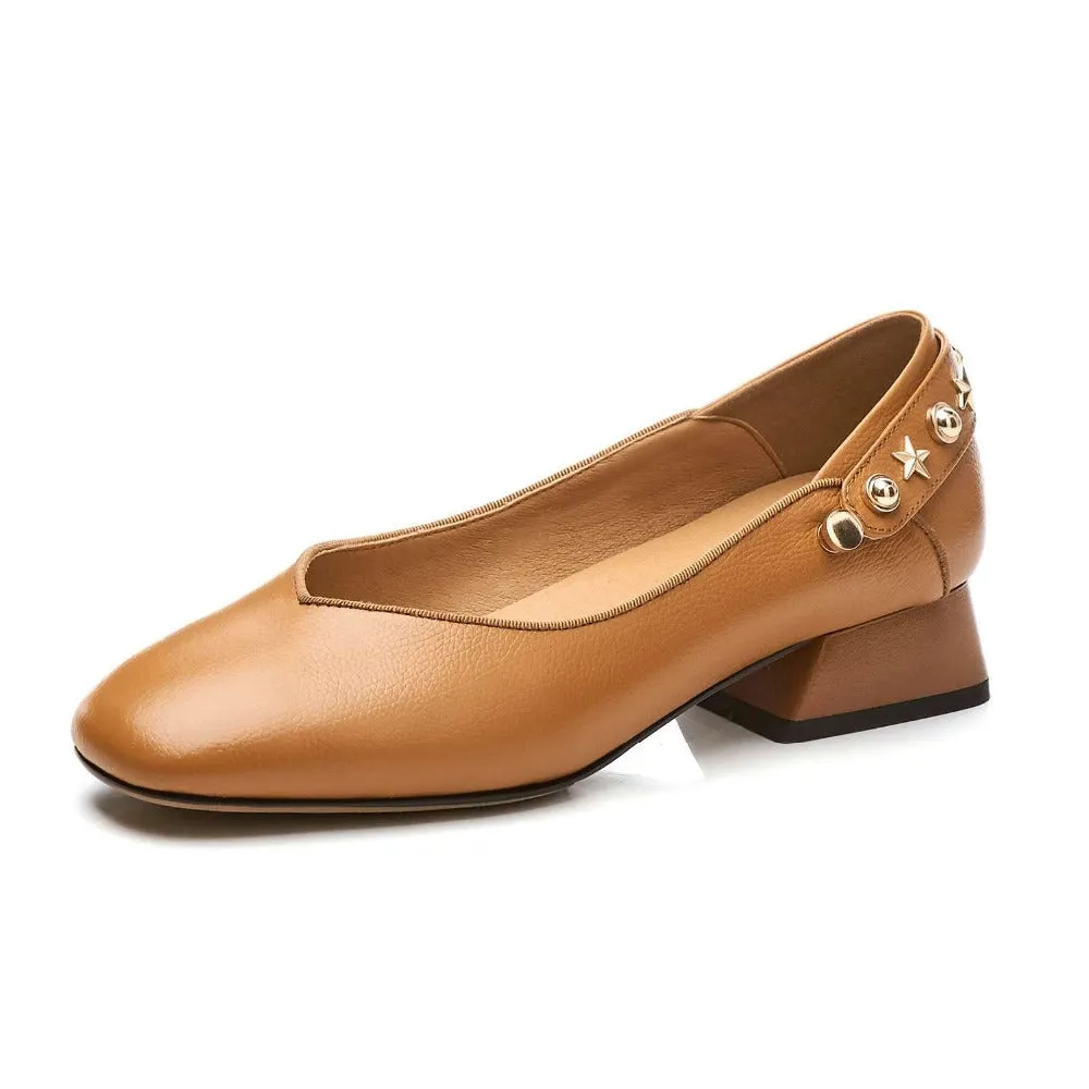 British style metal rivets decoration slip on genuine leather pumps