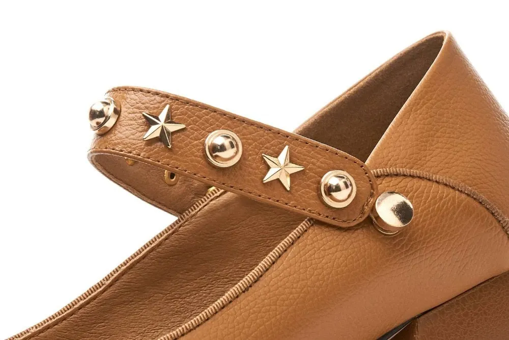 British style metal rivets decoration slip on genuine leather pumps