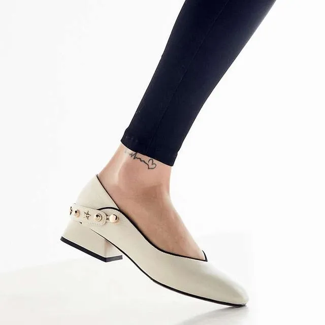 British style metal rivets decoration slip on genuine leather pumps