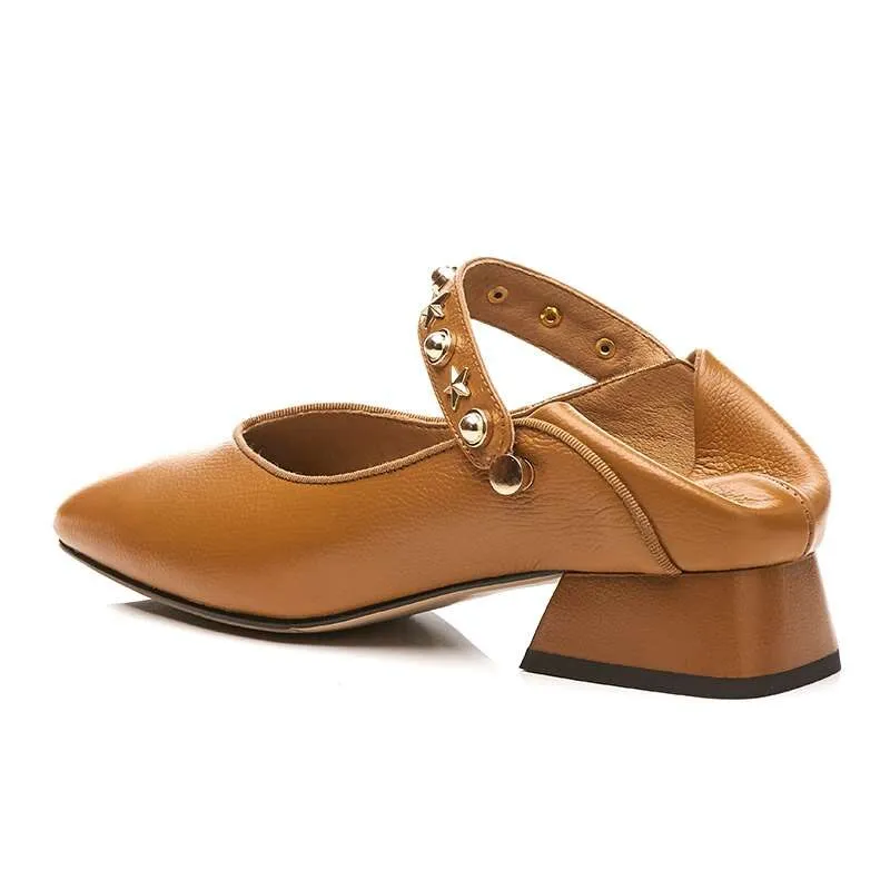 British style metal rivets decoration slip on genuine leather pumps