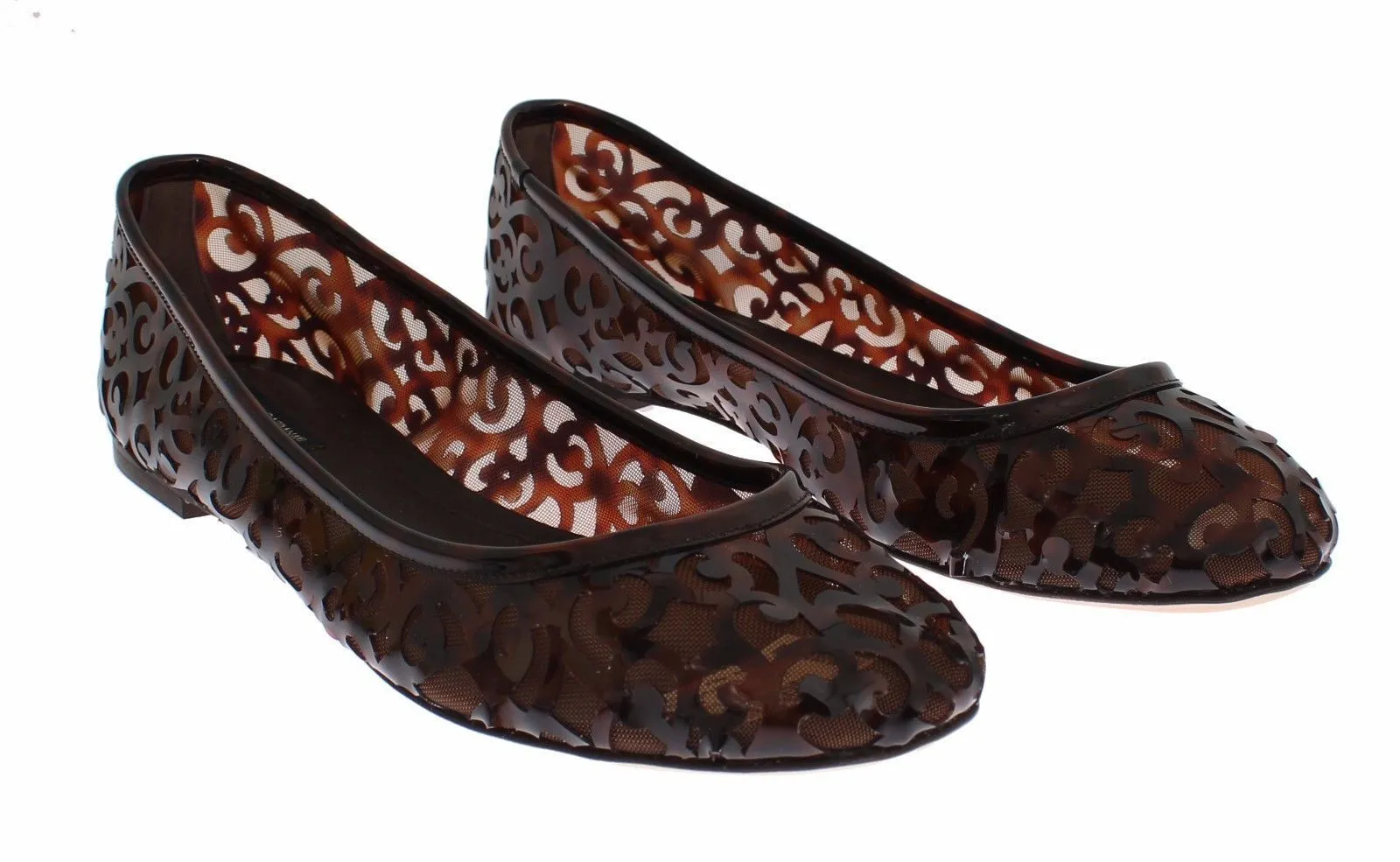 Brown Jacquard PVC Ballerina Flat Shoes