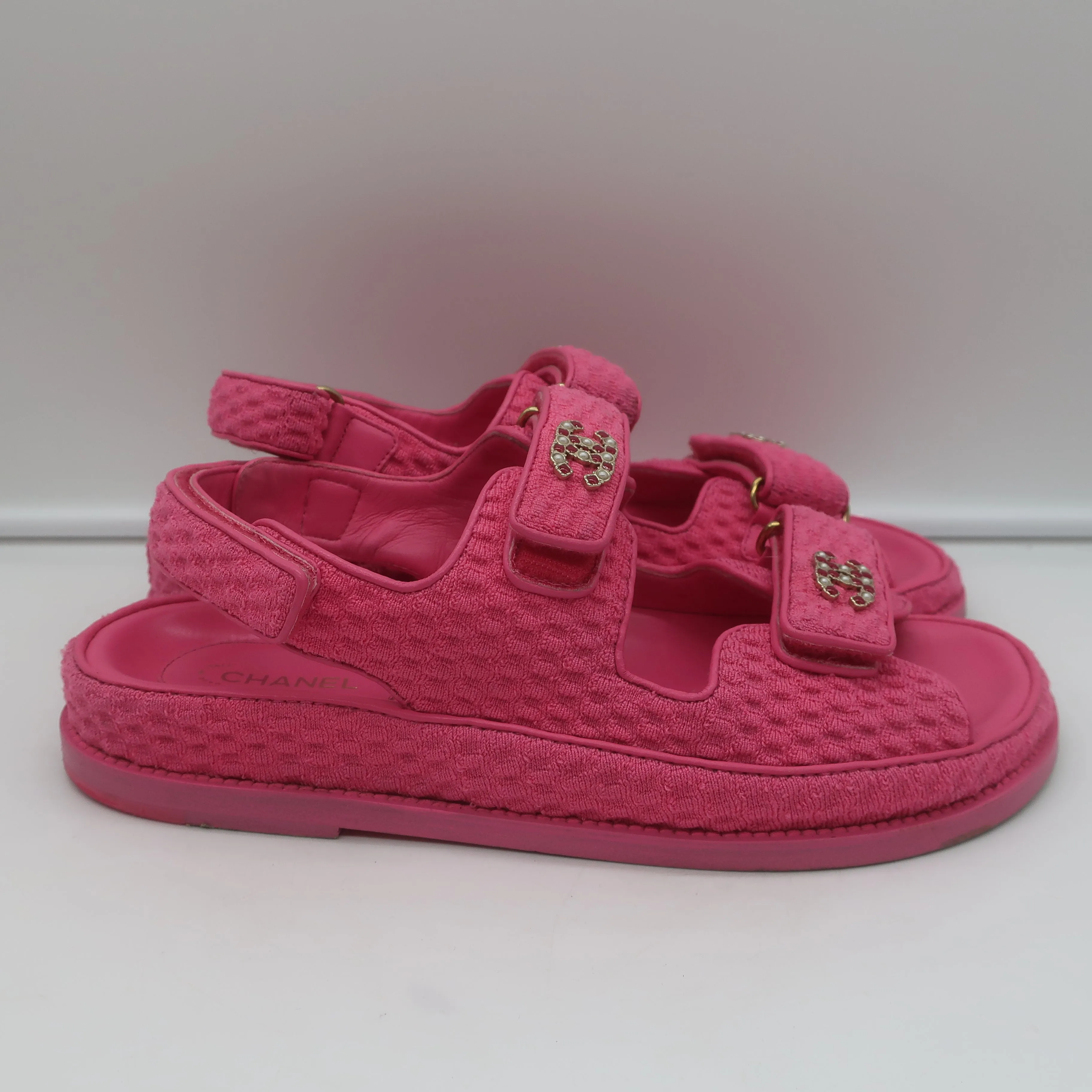 Chanel Knit Dad Sandals Pink Fabric Size 39.5