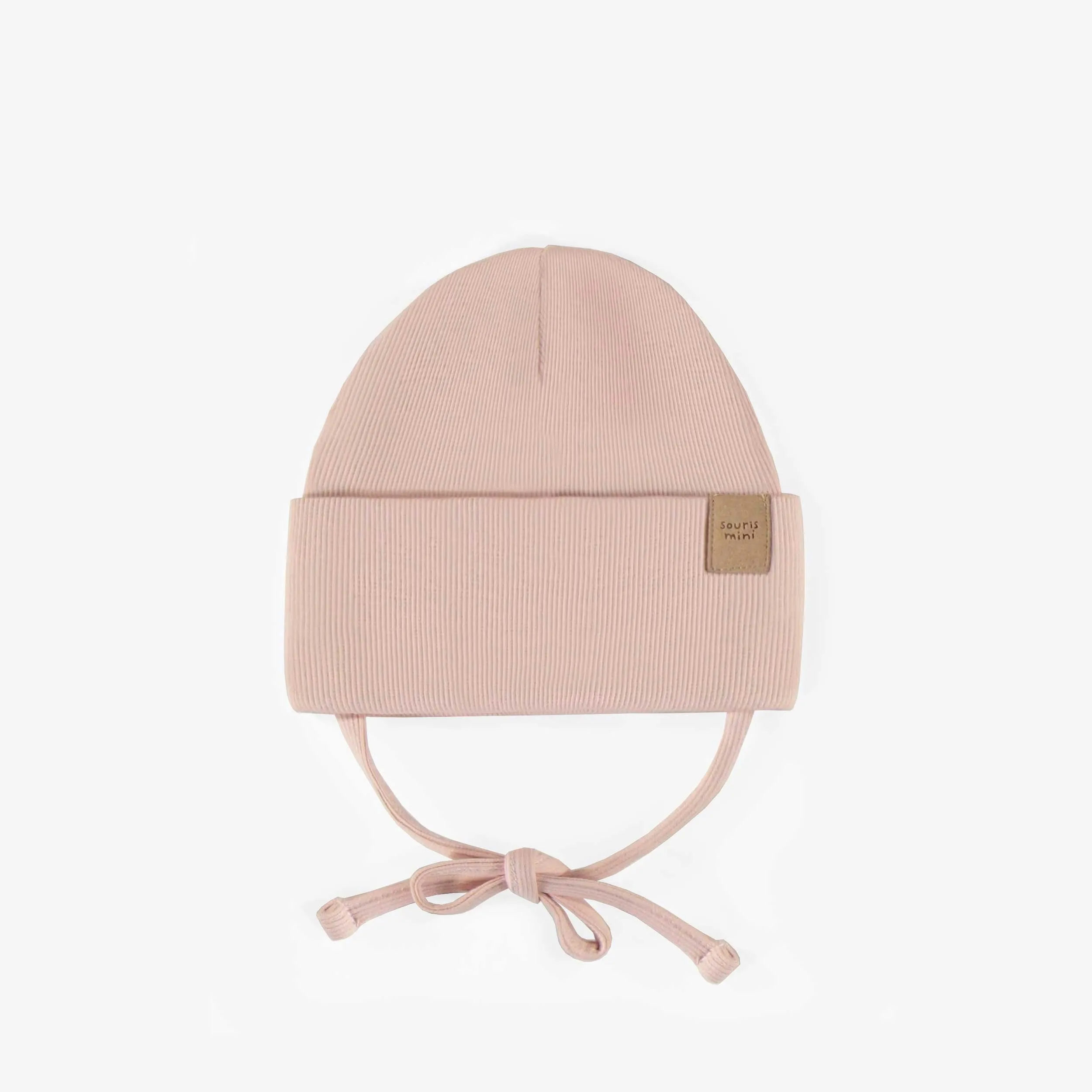 Chapeau rose d’extérieur avec cordons en tricot côtelé, naissance || Pink outdoor hat with cords in ribbed knit, newborn