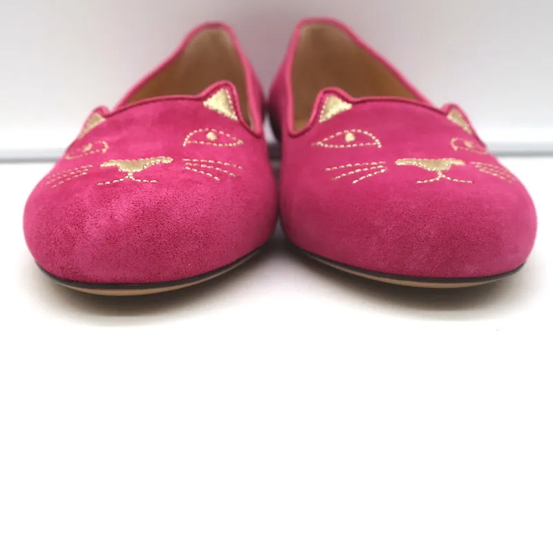 Charlotte Olympia Kitty Ballet Flats Fuchsia Suede Size 38 NEW