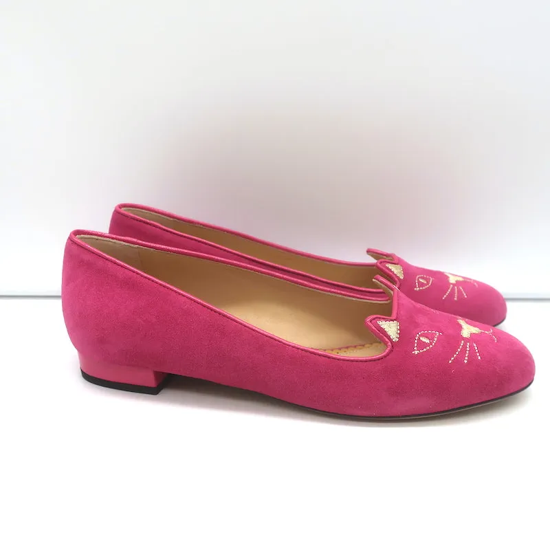 Charlotte Olympia Kitty Ballet Flats Fuchsia Suede Size 38 NEW