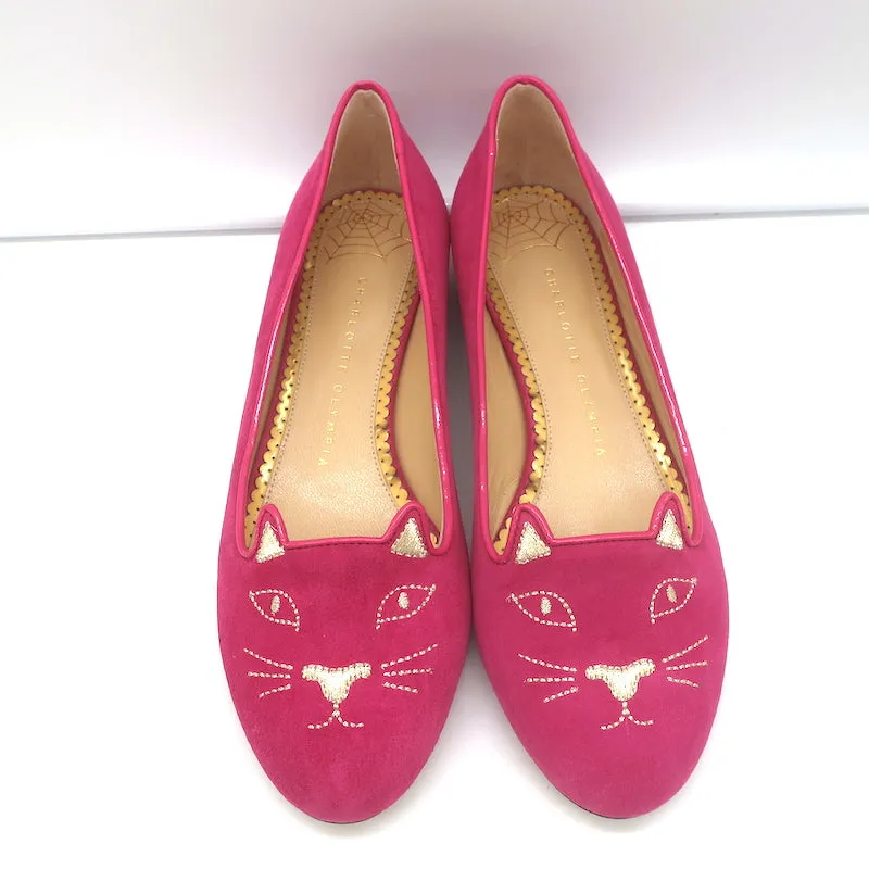 Charlotte Olympia Kitty Ballet Flats Fuchsia Suede Size 38 NEW