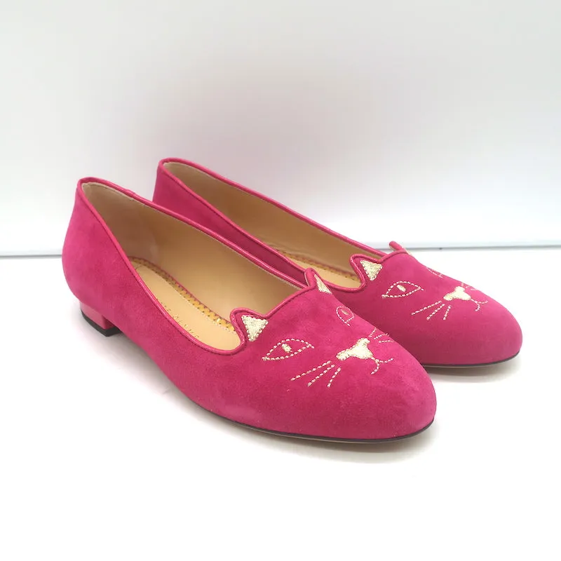 Charlotte Olympia Kitty Ballet Flats Fuchsia Suede Size 38 NEW