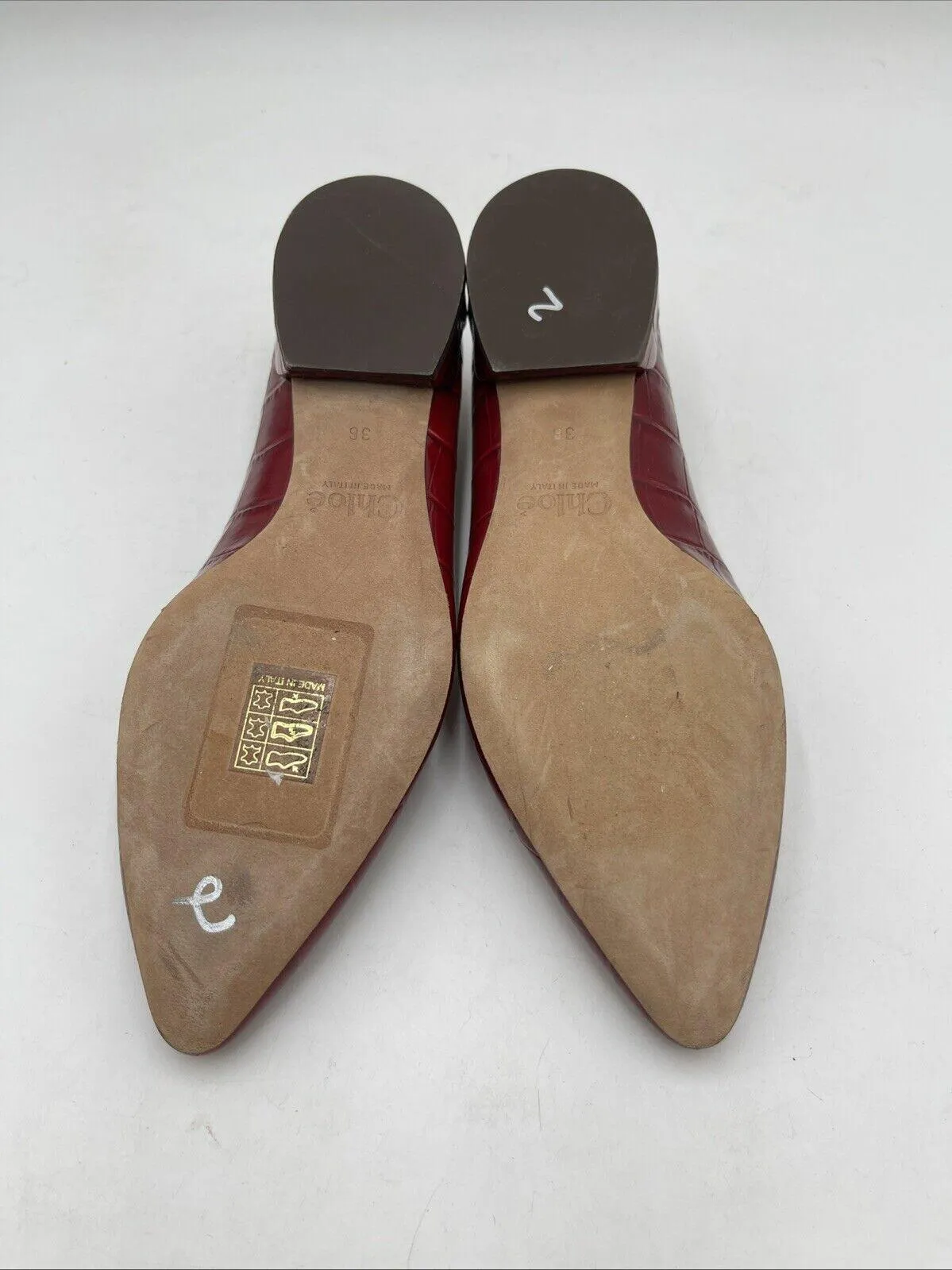 Chloé LAURENA Red Croc Print Emboss Leather Pointed Toe Ballerina Flats Size 36 - Very Good