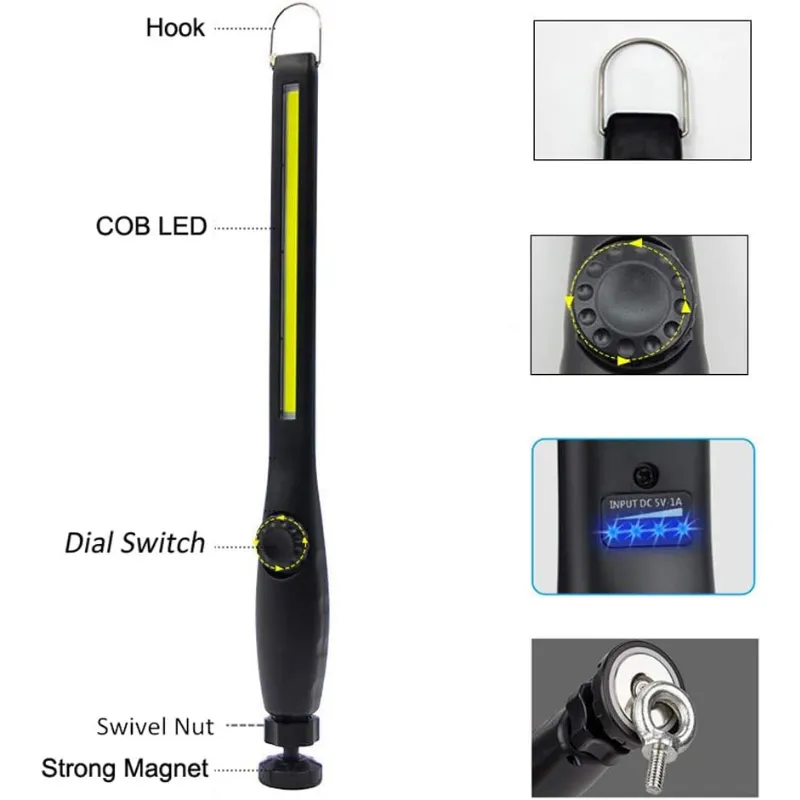 COB Tent Lamp LED Portable Lantern Work Light Rechargeable USB Lamp with Rotary Switch & Swivel Magnetic Base