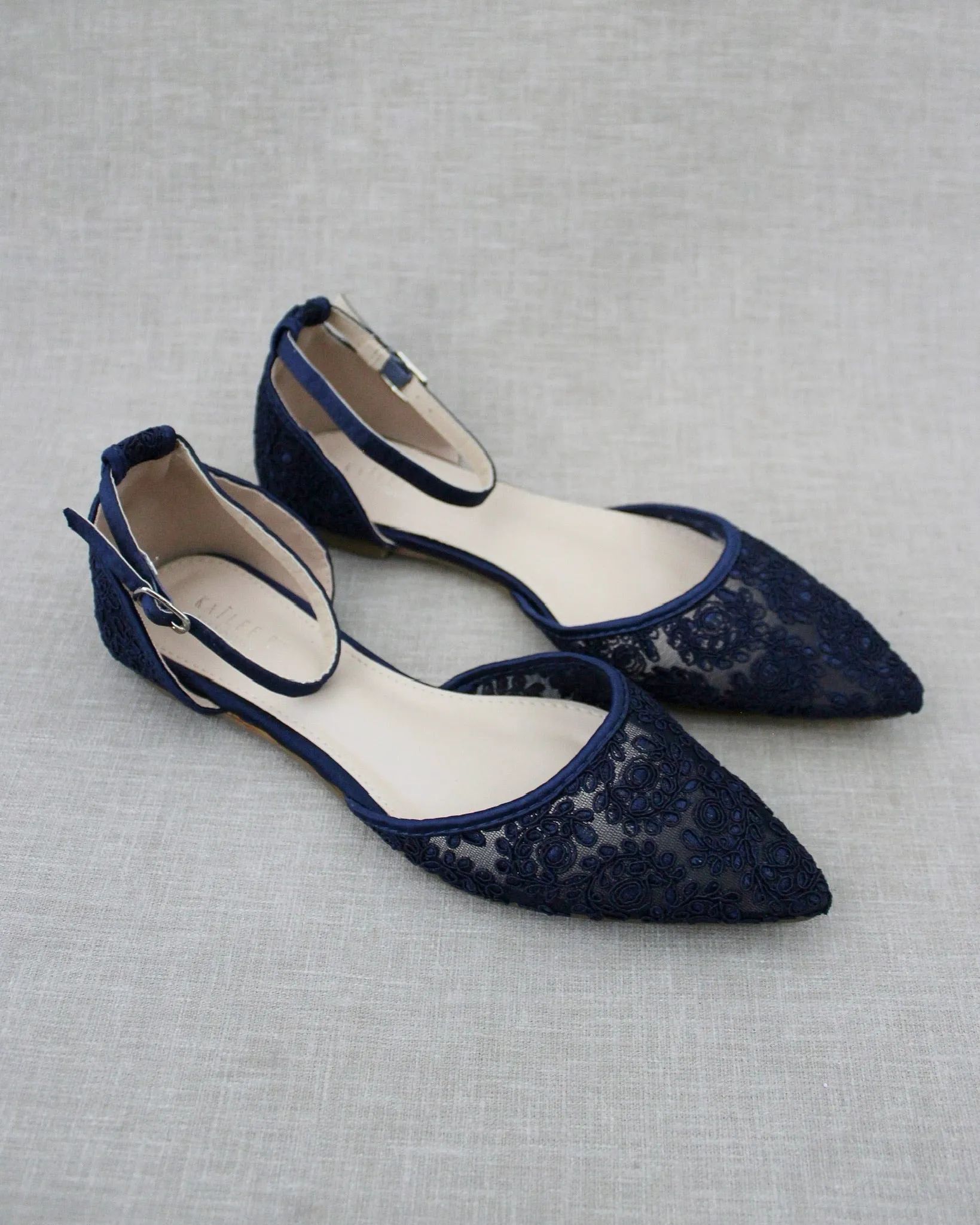 Crochet Lace Pointy Toe Flats with Ankle Strap