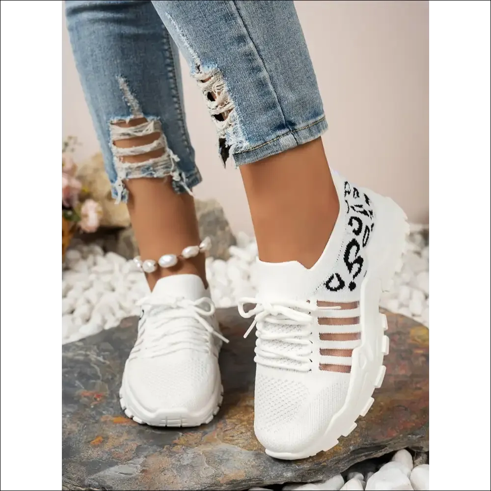 Cutout Leopard Lace Up Mesh Athletic Shoes