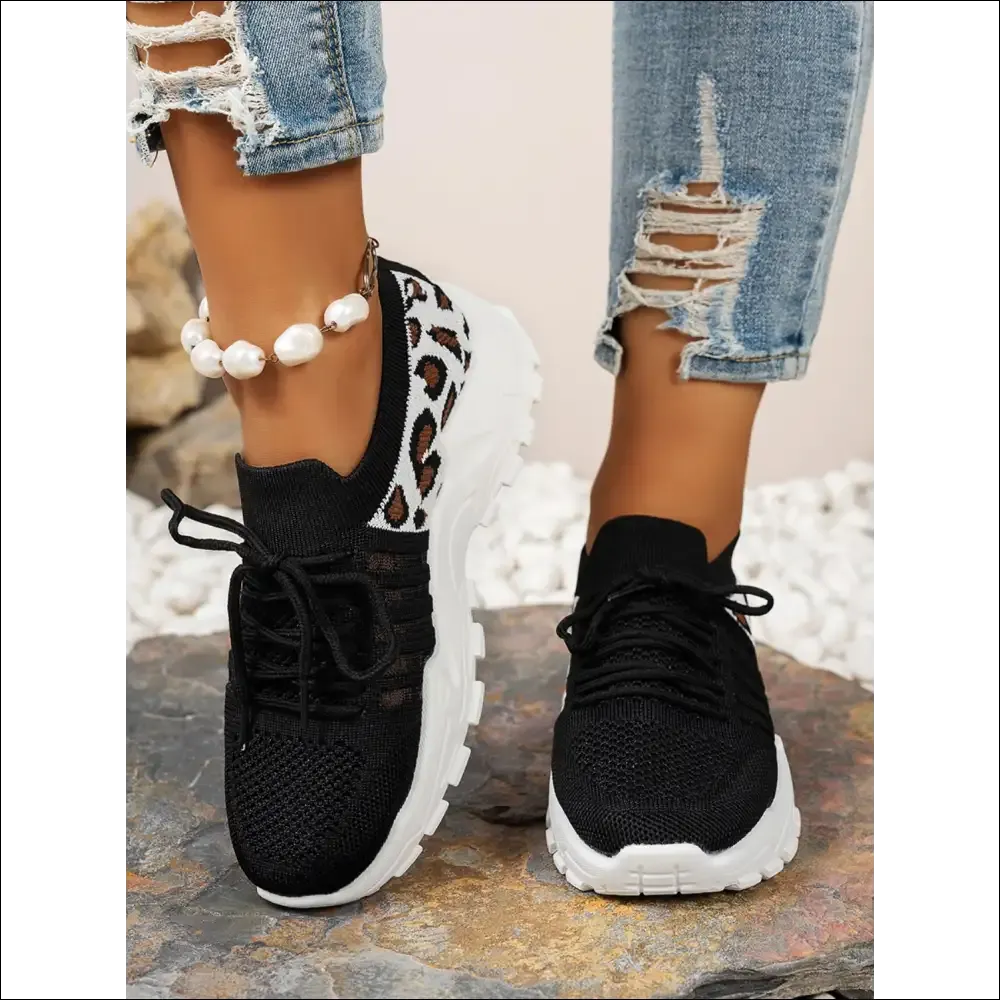 Cutout Leopard Lace Up Mesh Athletic Shoes