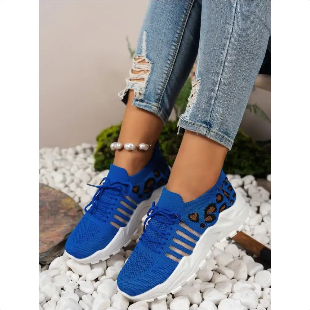 Cutout Leopard Lace Up Mesh Athletic Shoes