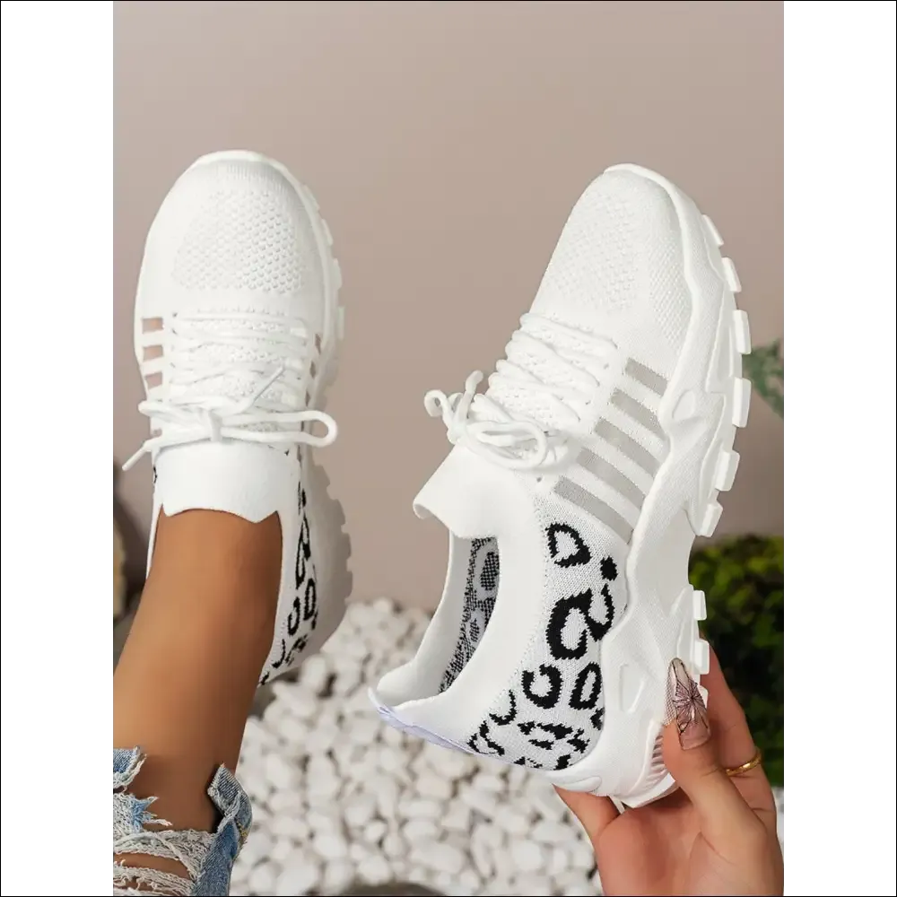 Cutout Leopard Lace Up Mesh Athletic Shoes