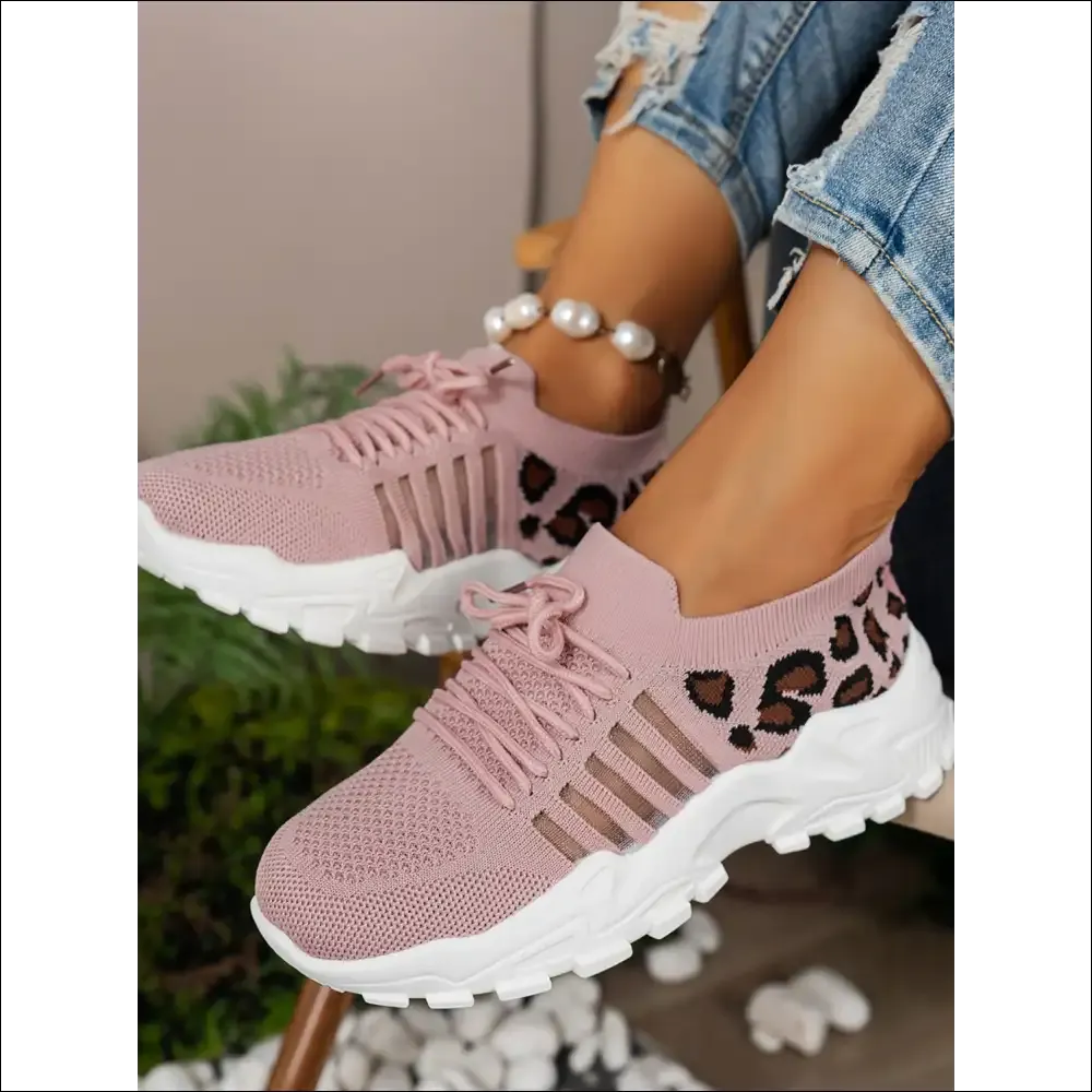 Cutout Leopard Lace Up Mesh Athletic Shoes