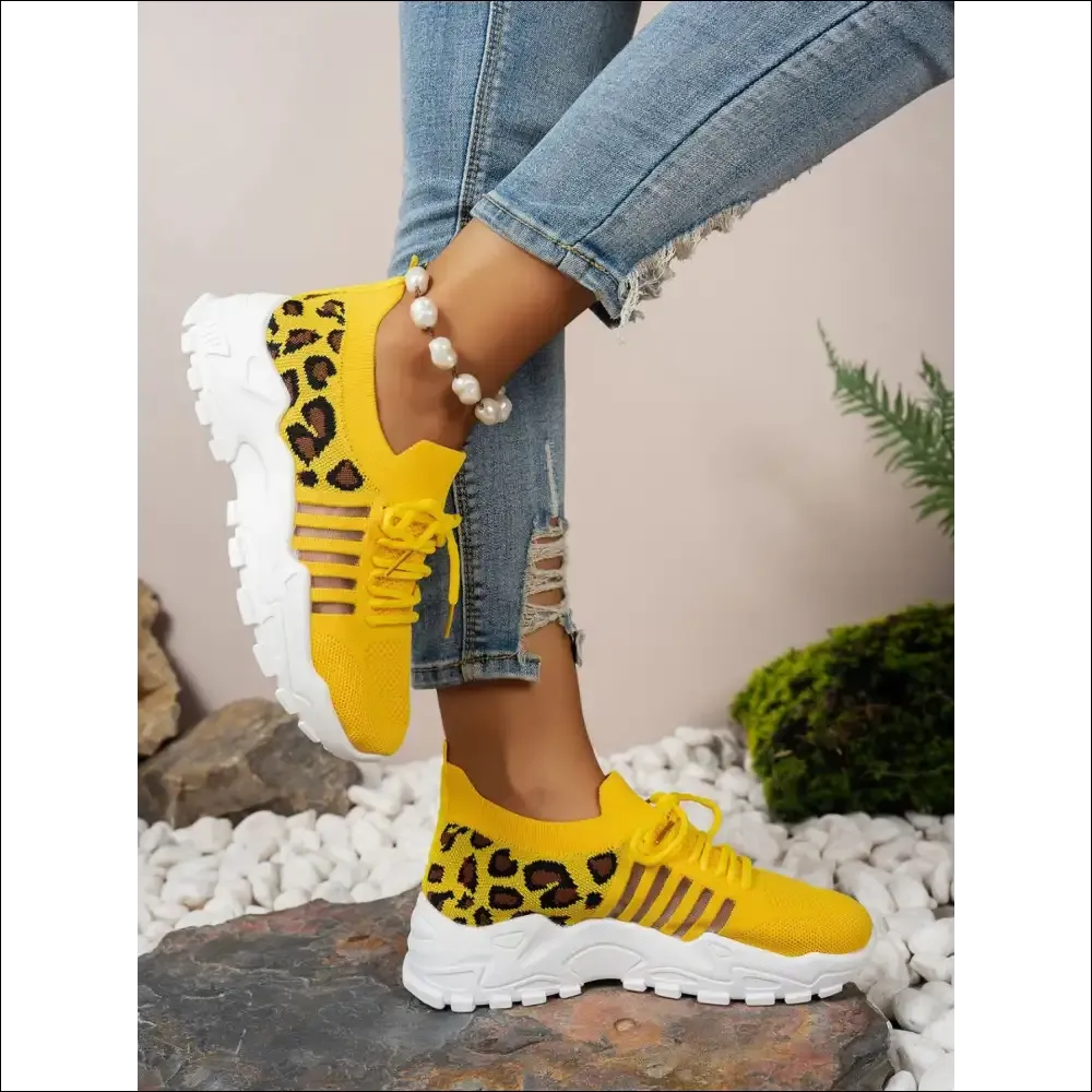 Cutout Leopard Lace Up Mesh Athletic Shoes