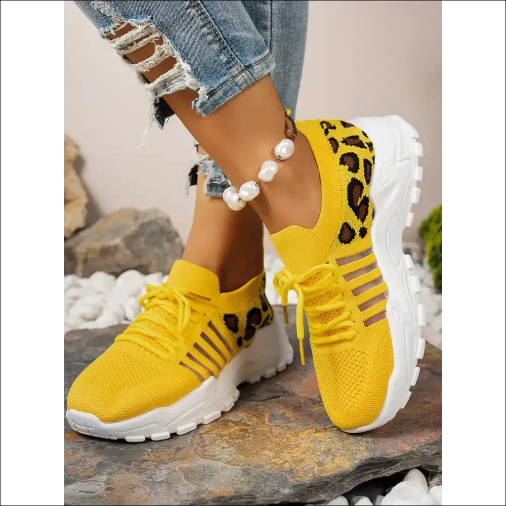 Cutout Leopard Lace Up Mesh Athletic Shoes