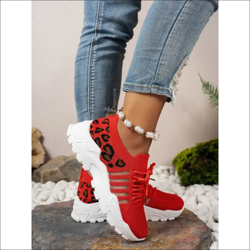 Cutout Leopard Lace Up Mesh Athletic Shoes