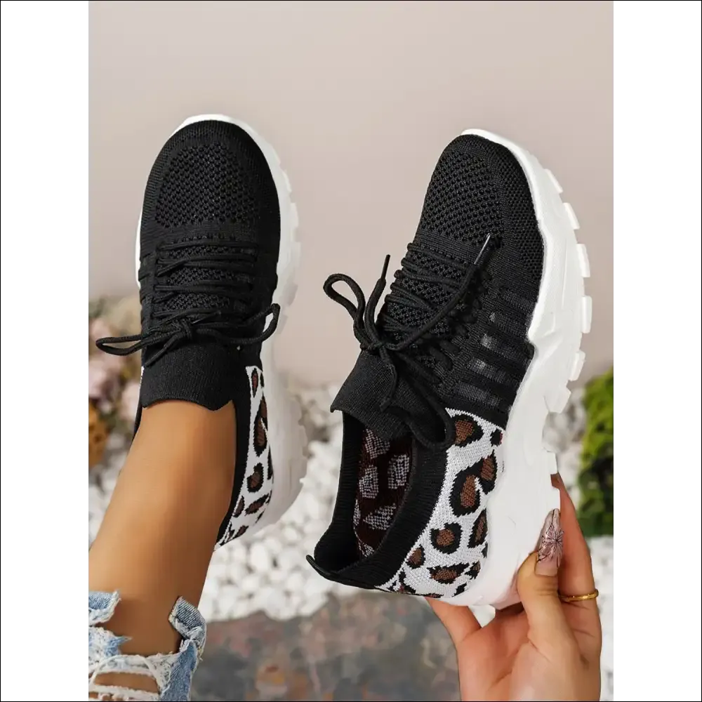 Cutout Leopard Lace Up Mesh Athletic Shoes
