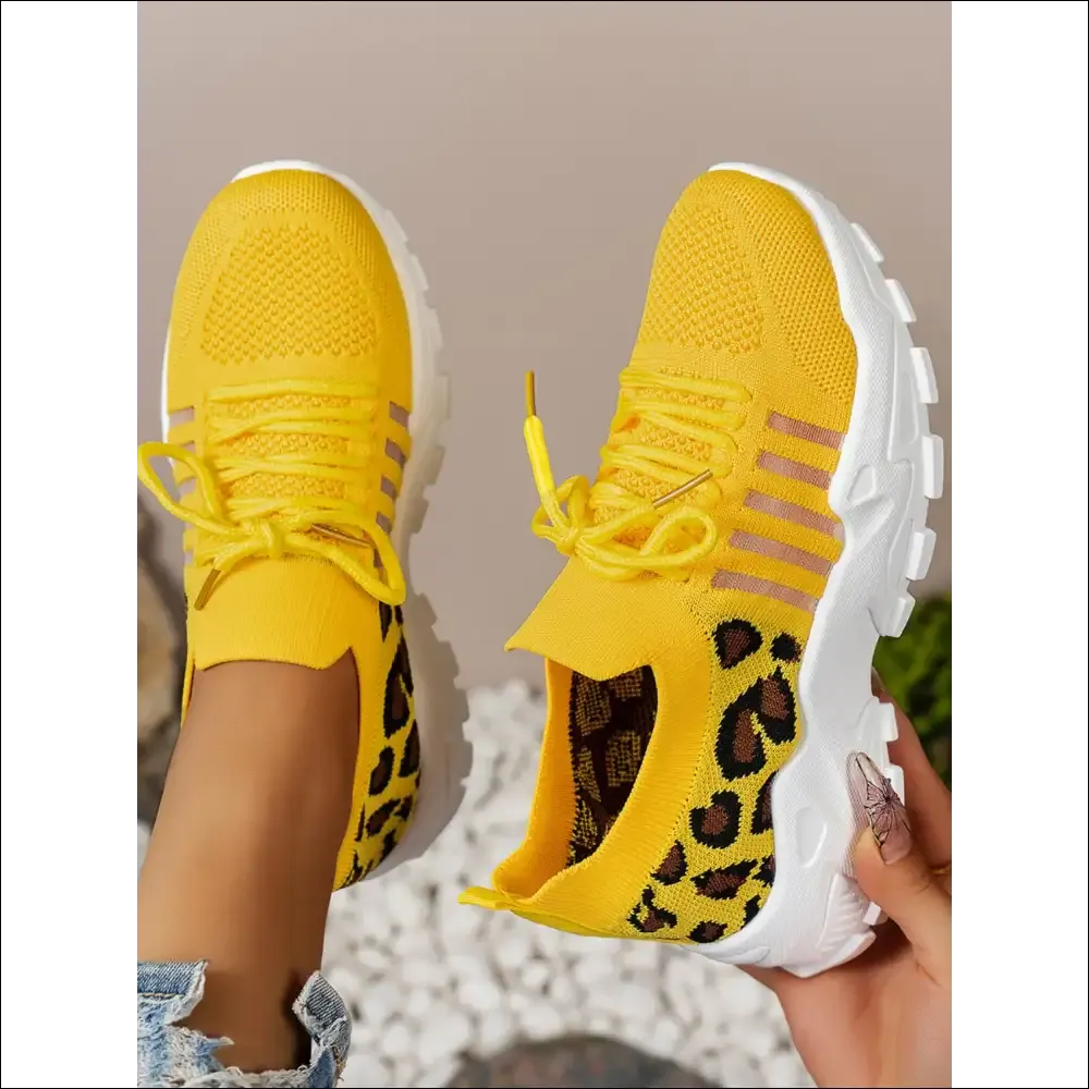 Cutout Leopard Lace Up Mesh Athletic Shoes