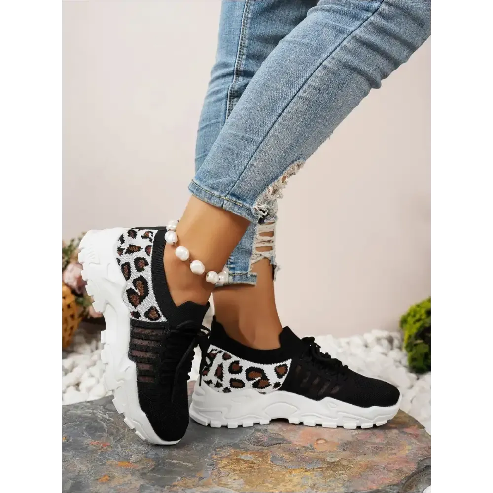 Cutout Leopard Lace Up Mesh Athletic Shoes